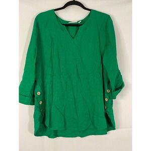 Susan‎ Graver Pure Green Linen Blend V Neck Roll Tab Sleeve Button Tunic Top M